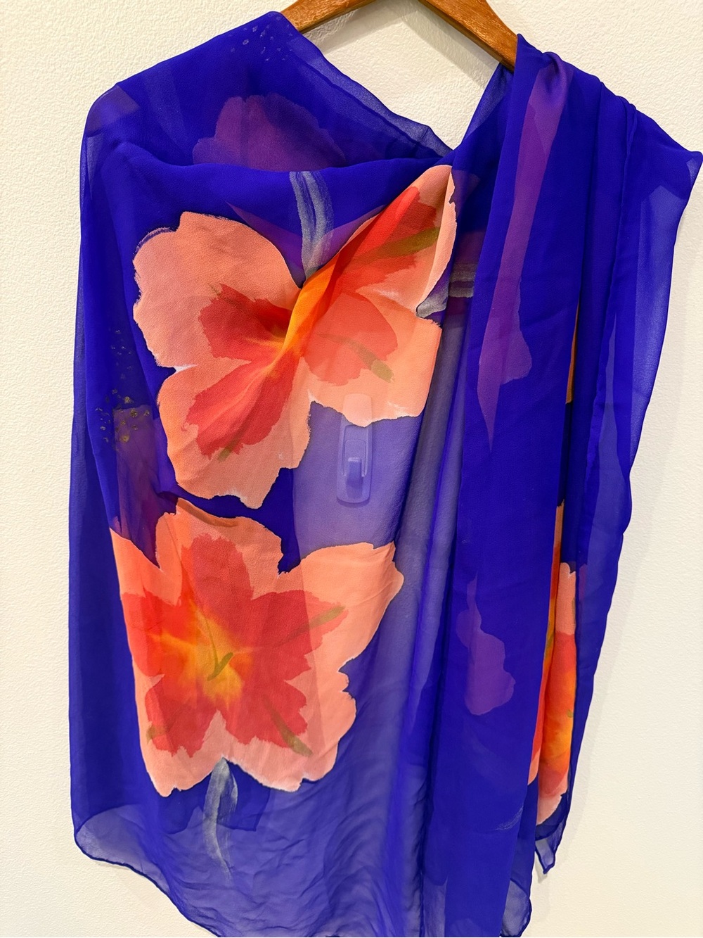 Sheer Floral Scarf in Violet with Coral Blooms 100% Silk